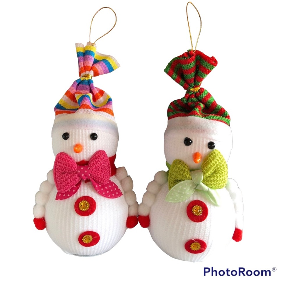 2~Ornament Snowman Foam In Socks Cloths, W Hanging W Crocket Bow